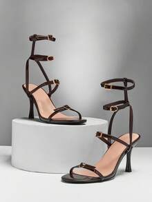 SHUZIA 女士优雅双踝带细高跟凉鞋 - 巧克力棕 - 查看 4