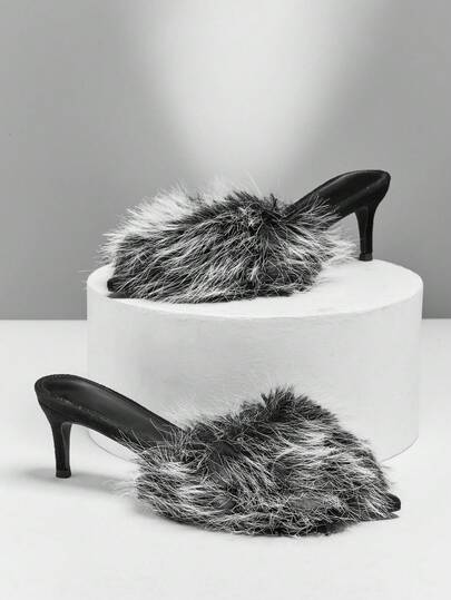 SHUZIA Women's Elegant Pointed Toe Faux Fur Decor Kitten Heel Pumps