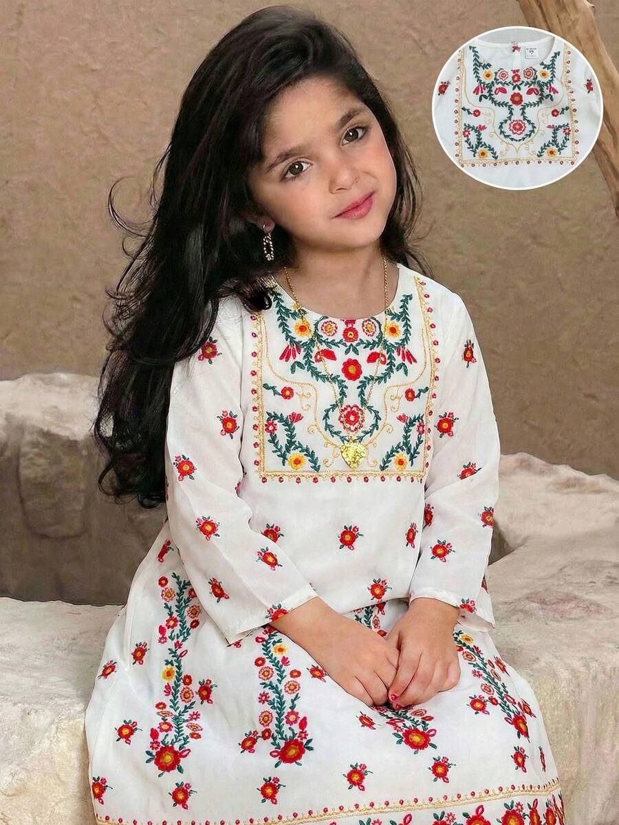 SHEIN Young Girl Floral Print Round Neck Long Sleeve Dress, White Autumn Family Matching Traditional Arabic Dress, Modest Kaftan Young Girls Jalabiya Abaya - Multicolor - View 1