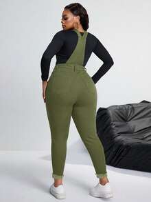 SHEIN SXY 大码做旧纯色休闲百搭修身牛仔连体裤 - 軍綠色 - 查看 7