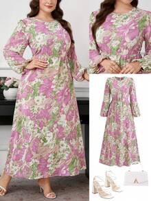 Ellevyn 大码女式休闲圆领收腰长袖连衣裙 - 彩色 - 查看 6