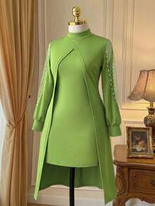 SHEIN Clasi 女士优雅圆领网纱拼接泡泡装饰长袖连衣裙长裙套装 - 橄欖綠 - 查看 2