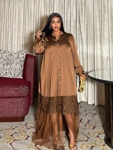 Maweii Cardigan décontracté avec boutons pour femmes grandes tailles, pour vacances et usage quotidien, avec ourlet à volants et empiècement en maille, ample et confortable, robe trapèze - Tabac - Voir 4