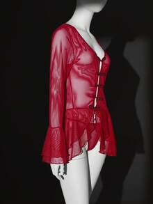 SHEIN Set de 2 vestidos con cuello en V sexy, volantes, manga larga, abertura y botones frontales para mujeres - Burdeos - Ver 8