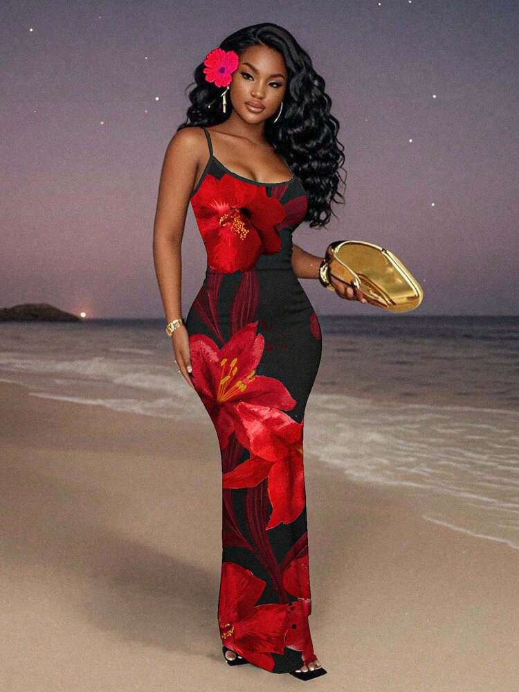 red and black women's dress Red Floral Multi Midi Dress - All Dresses