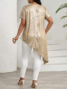 SHEIN Lady 女士金属质感圆领短袖不对称下摆休闲衬衫 - 金色 - 查看 2