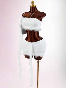 Amplova Conjunto de 2 piezas para mujer, top corto de un hombro de manga larga con textura esponjosa y minifalda ajustada con volantes, todo blanco, ropa de fiesta, otoño, estilo años 70, cumpleaños, Y2K - Blanco - Ver 10
