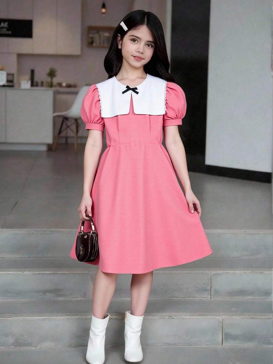 Elladie kids Gaun A-Line Pink untuk Anak Perempuan Remaja, Lengan Setengah Mengembang, Kerah Peter Pan, Kombinasi Warna, Hem Pendek Melebar - Berwarna merah muda - View 1