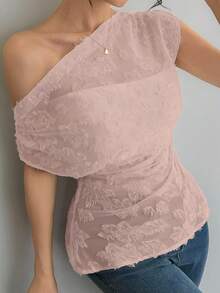 DAZY 女士优雅蕾丝不对称褶皱不对称肩部上衣，夏季 - 淡紫色 - 查看 3