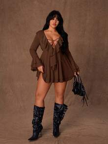 Rustia Sexy Ruffle Tie Strap Bodycon Mini Dress, Unique Design, Flattering Fit, Long Sleeve, Vacation Style - Brown - View 4