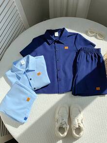 SHEIN 4pcs Kids Boys Casual Loose Turndown Collar Open Cardigan Shirt And Shorts Set, Tracksuit, Basic Top, Basic Bottom, Y2K Shorts, Suitable For Spring/Summer, Outings, Valentine's Day, Young Boy Clothes, Dates, Travel, Vacation, Family Gatherings, Back To School, Weddings, Formal Events, Sports, Birthday Parties - Multicolor - View 7