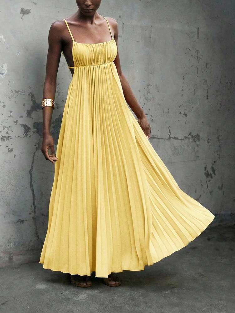 SHEIN Maija Women's Yellow Summer Vacation Dress, Modern Bohemian Solid Color Beach Outfit, Minimalist Sleeveless Pleated Tropical Holiday Dress, Elegant Women's Vacation Dress  St Patrick's Day Women Easter Summer Outfits Easter Dress Women Party Top Beach Dress Summer Holiday Outfits Each Vacation Outfits For Women  Summer Outfit For Women Going Out Outfits Graduation Graduation Outfit  Casual Dresses  Casual Blouses For Women