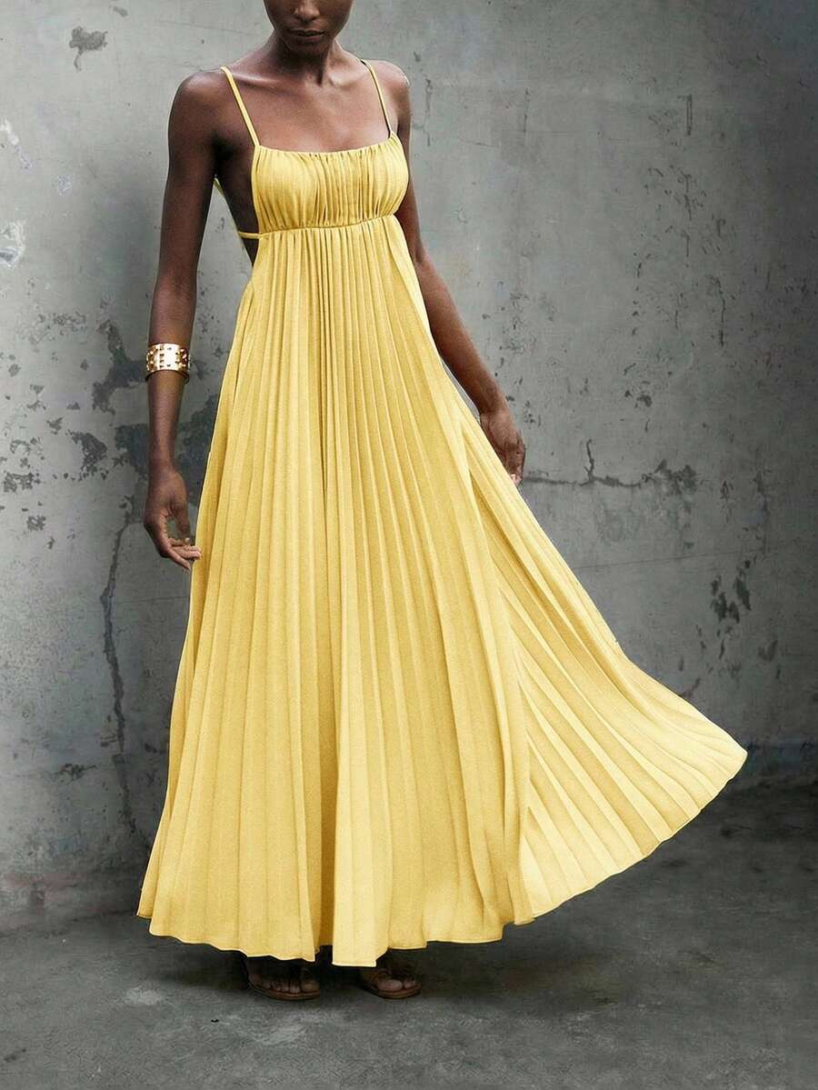 Maija 女士黄色夏季度假连衣裙，现代波西米亚纯色沙滩装，简约无袖褶皱热带度假连衣裙，优雅女士度假连衣裙 - 黃色 - 查看 1