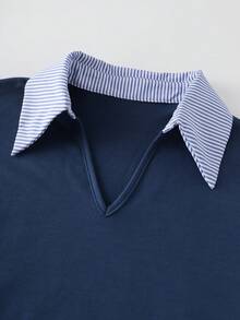 Resyla 女士长袖领条纹拼接卫衣 - 寶藍色 - 查看 6