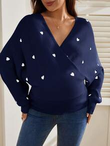 SHEIN Maternity Colorblock Heart Print V-Neck Long Sleeve Sweater - Navy Blue - View 9