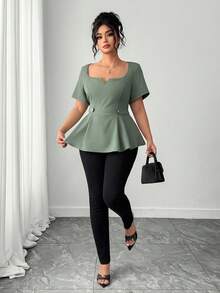 Elenzga Áo sơ mi nữ cỡ lớn thanh lịch, thường ngày, tay ngắn, cổ vuông, đa năng, màu xanh bạc hà, thích hợp cho mùa xuân/hè. - Màu xanh Ô liu - Xem 7