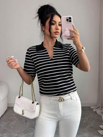 Elenzga Women's Vintage Elegant Beach Vacation T-Shirt, Knitted Black And White Striped, Loose Polo Collar Short Sleeve Top Striped Tops Black And White Top Work From Home Outfits Work Clothes Women Office Yatch Outfit Women Work Outfits Women