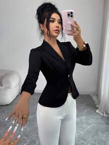 Elenzga Elegant Rose Gold Metal Button Waist Cinched Shawl Neck Black Long Sleeve Women Thin Blazer - Black - View 5