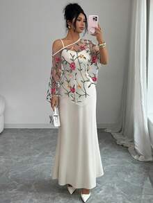 Selianne Spring/Summer New Women's Elegant Vacation Long 2-Piece Set, Rose Mesh Shawl Strap Dress, Suitable For Travel, Beach, Date, Valentine's Day Rose Party Dress - Apricot - View 4