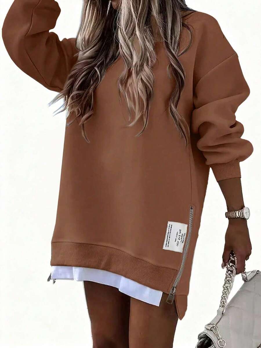 EMERY ROSE 女士休闲拉链套头卫衣，适合度假和日常穿着 - 棕色 - 查看 1