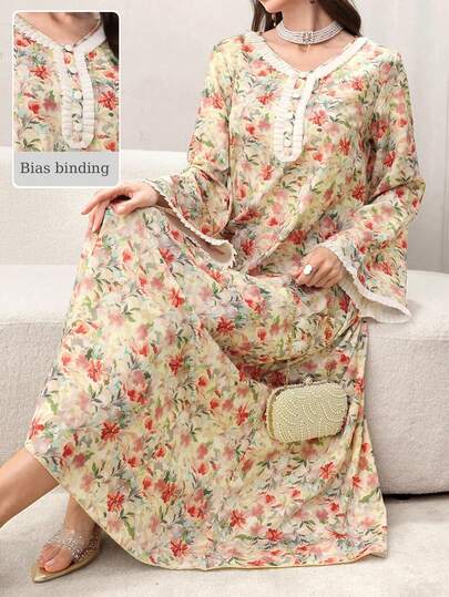 Yasmyna Dam vår/sommar vävd digitaltryckt blommig spetskant elegant arabisk klänning