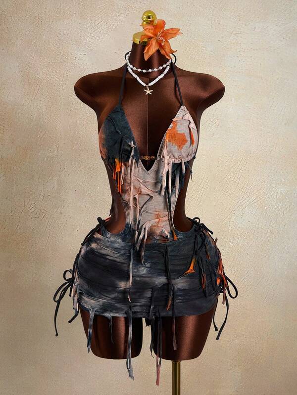 Zestiva Women's 2 Pieces Tie-Dye Hollow-Out Beaded Swimsuit With Drawstring Skirt, Summer