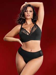 EasyFave Conjunto de lencería sexy de talla grande con parches de encaje y tirantes finos de unicolor - Negro - Ver 3