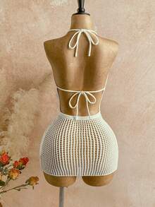 Soleia 女士性感露背海星钩针编织垂褶领度假连衣裙 - 米色 - 查看 2