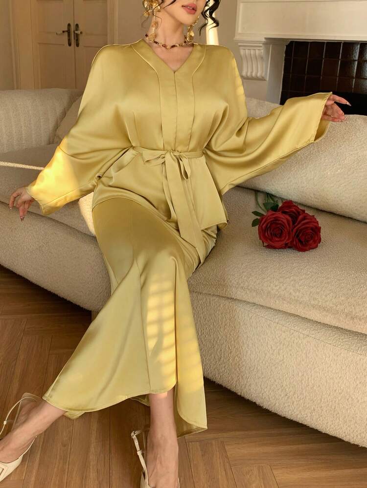 Women's Elegant Solid Color V-Neck Belted Shirt & Skirt 2-Piece Set, Spring/Summer,Wedding Guest Dress Women