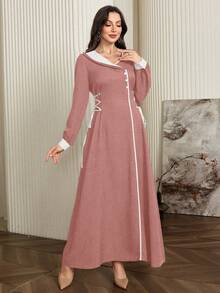 Modelyn 撞色滚边抽绳腰带修身连衣裙 - 橘色 - 查看 7