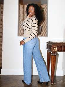 Steph T Women's Casual Drop Shoulder Striped Pullover Sweater, Autumn/Winter - Apricot - View 6