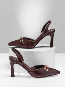 SHUZIA #EliteChic 女士雕塑感中跟尖头金属搭扣亮面咖啡色露跟高跟鞋——奢华光泽，优雅合身，适合各种场合 - 咖啡棕 - 查看 5