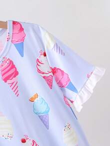Girls Cute Style Light Blue Ice Cream Pattern Short Sleeve Ruffle A-Line Nightgown - Baby Blue - View 3