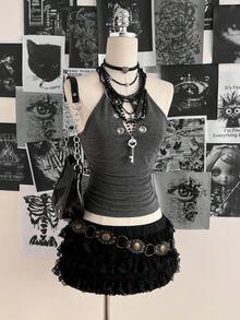 Attitoon Women's Y2K Style Metal Accent Halter Neck Tight Top, Summer - Dark Grey - View 9