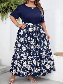 SHEIN CURVE+ Váy ngắn tay dài dáng suông, size US22, thích hợp cho lễ hội âm nhạc, kỳ nghỉ biển, phong cách bohemian mùa hè, thường ngày, in hoa, phối nhiều mảnh. - Nhiều màu - Xem 6