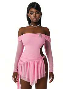 Amplova Women's Mesh Dress Light Pink,Autumn,Techno,Night Out Club,Rave Asymmetrical Hem Side Cutout &Avant-Garde With Triangle Underpants Y2K Slay - Pink - View 6