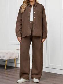 Boho Mama 两件套孕妇休闲日常通勤时尚宽松落肩牛仔外套和阔腿牛仔裤套装，春秋季春夏情人节嘉年华服装通勤度假毕业时尚Y2K可爱街头风性感派对婚礼优雅商务休闲女装高腰阔腿牛仔裤棕色牛仔休闲长裤 - 棕色 - 查看 4