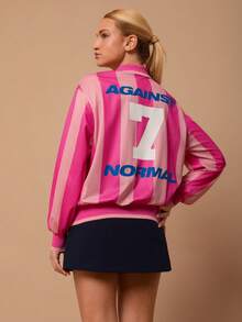 SURIMA Áo thun nữ màu hồng sọc kiểu jersey, thêu chữ tiếng Anh và cổ áo bo gân màu hồng. - Nhiều màu - Xem 2