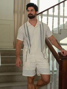 DAZY Men's Summer Short Sleeve Shirt And Shorts Geometric Pattern Pajama Set - Apricot - View 5