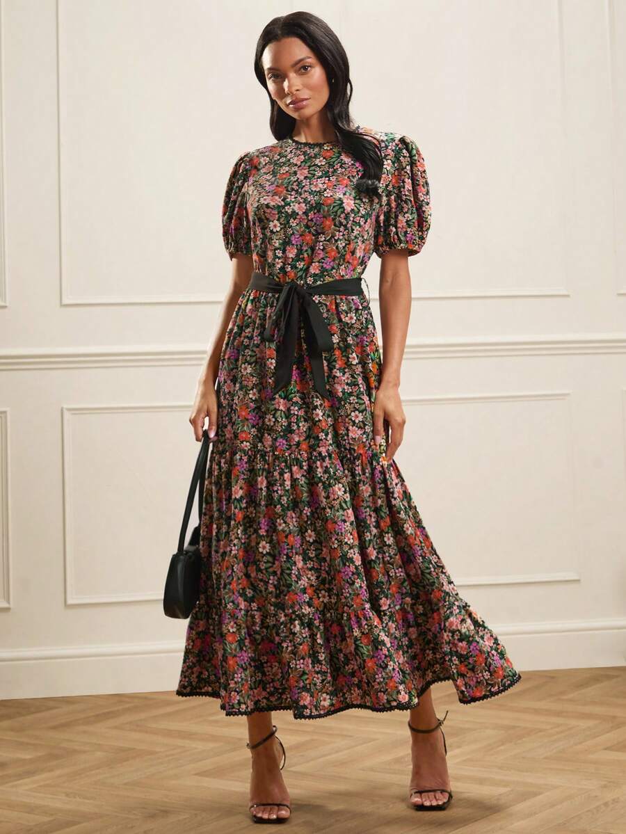 Lilora Đầm midi tay ngắn xếp ly họa tiết hoa nhí thanh lịch dành cho nữ - Nhiều màu - Xem 1