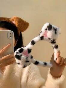 Soft Fluffy Headband With Dog Ears - Cute Spotted Pattern For Skincare, Sleep, Party & Cosplay, Funny Hair Accessory - Multicolor - View 2