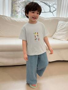 DAZY Toddler Boys' Printed Round Neck Short Sleeve Top & Plaid Pants Pajama Set - Blue - View 8