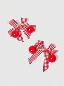 ROMWE Kawaii 2pcs Cute Cherry Bow Hair Clips, Korean Fashion Hair Accessories Suitable For Everyday Use, Affordable, Claw Clips, Hair Claws, Hair Slide, Hair Barrettes, Fall Fashion, Autumn, Winter Outfit For Women, Bows - Red - View 1
