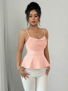 SHEIN Elenzya Sleeveless Ruffled Collar Cinched Waist Elegant Romantic Women Tank Top - Coral Pink - View 4