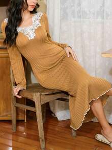 Côtesoire French Romantic Elegant Contrast Color Floral Lace Trim Long Sleeve Women Nightgown - Yellow - View 5