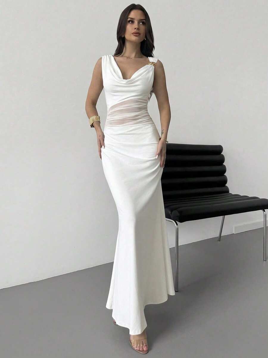 Firerie Đầm mùa hè mới, thanh lịch, duyên dáng, thích hợp cho kỳ nghỉ, du lịch, hẹn hò, màu trắng, không tay, cổ khoét sâu, khóa kim loại ở eo, chất liệu lưới xuyên thấu, xếp ly, dáng đuôi cá. - trắng - Xem 1