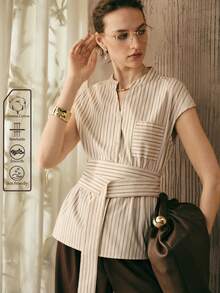 Revavyn Revavyn Blusa de algodón auténtico con escote en V con muesca, cintura con lazo y sin mangas a rayas, adecuada para uso diario, tops de verano y primavera - Albaricoque - Ver 5