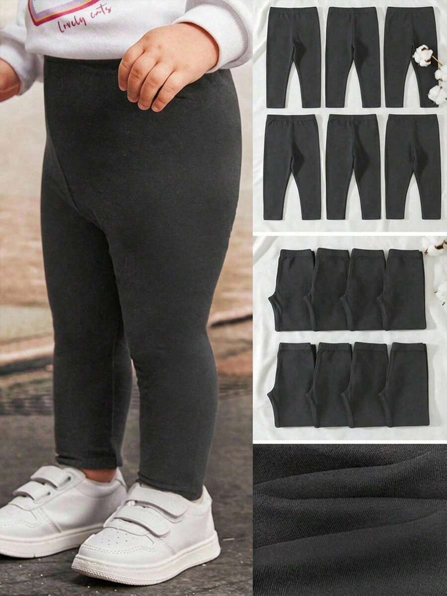 SHEIN 6条装女童休闲可爱百搭弹力腰针织黑色裤子 - 黑色 - 查看 1