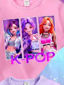 4件套少女休闲创意个性清新可爱简约时尚虚拟少女团体彩色五角星太空背景图案字母印花基础款短T恤，舒适日常穿着，适合春、夏、秋季 - 彩色 - 查看 4