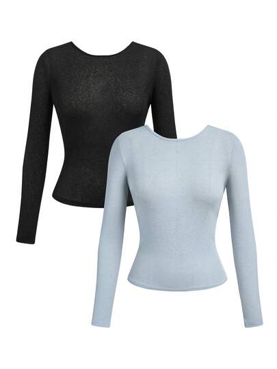 Activina Solid Color Fitted Long Sleeve Tie Back Sports T-Shirt